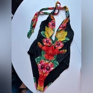 Floral Halter One-Piece Swimsuit - Black with Red & Yellow Blooms